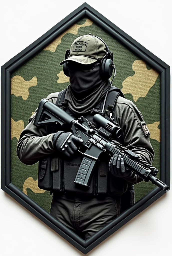 Create Hexagonal Rubberized Patch Cliché, camouflage coat of arms background,military coat of arms with the name Lukinha Airsoft, operator carrying an m4 rifle wearing a cap and headphones