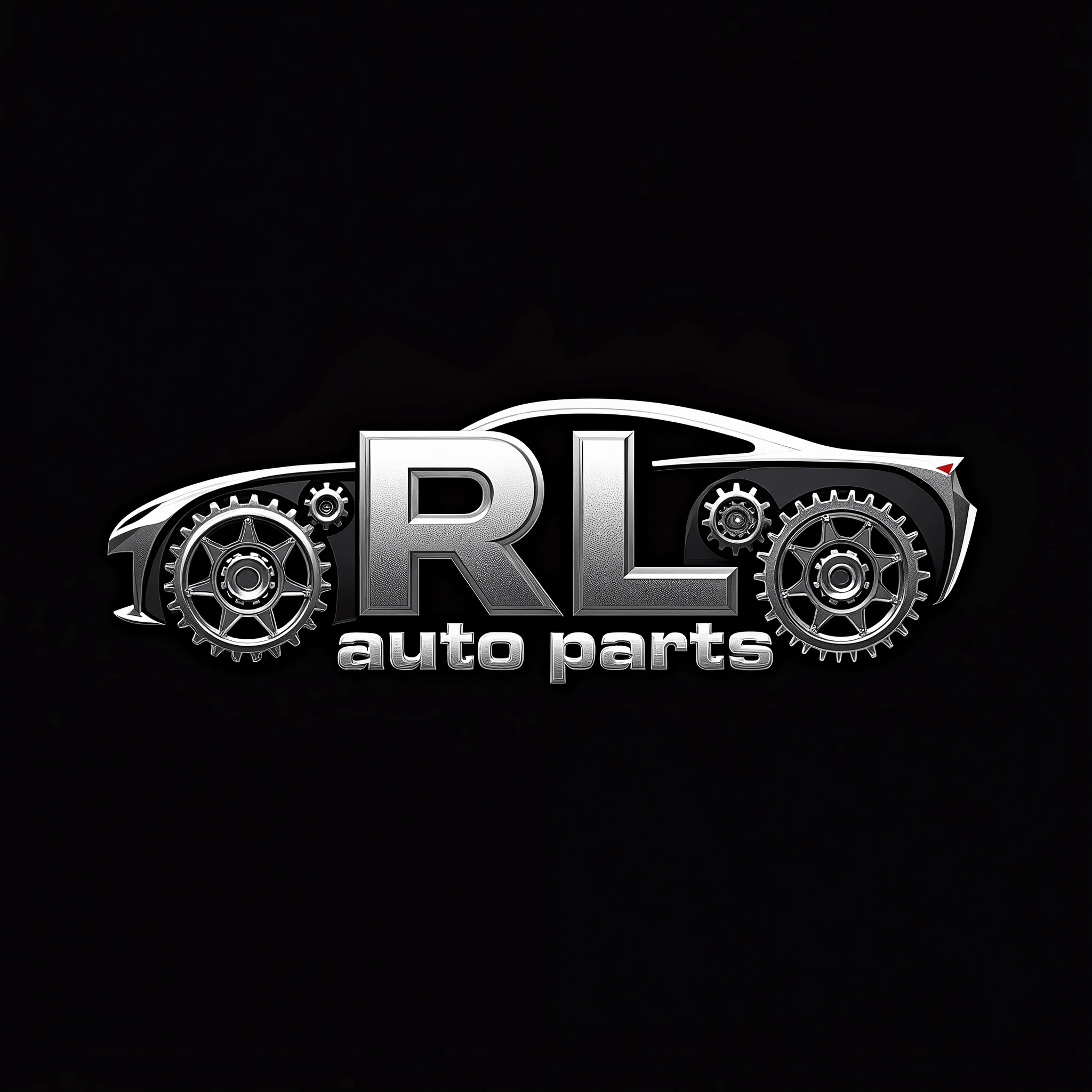 A highly detailed and professional logo design for "RL Auto Parts." The letters "RL" are prominently featured and formed by various car parts, creating a dynamic and mechanical aesthetic. Below the "RL," the words "Auto Parts" complete the logo, following the car theme. The entire logo is enclosed within the outline of a car. The colors are metallic, giving a sleek and modern look. The background is completely black, providing strong contrast. The aspect ratio is 1:1, making it suitable for various applications