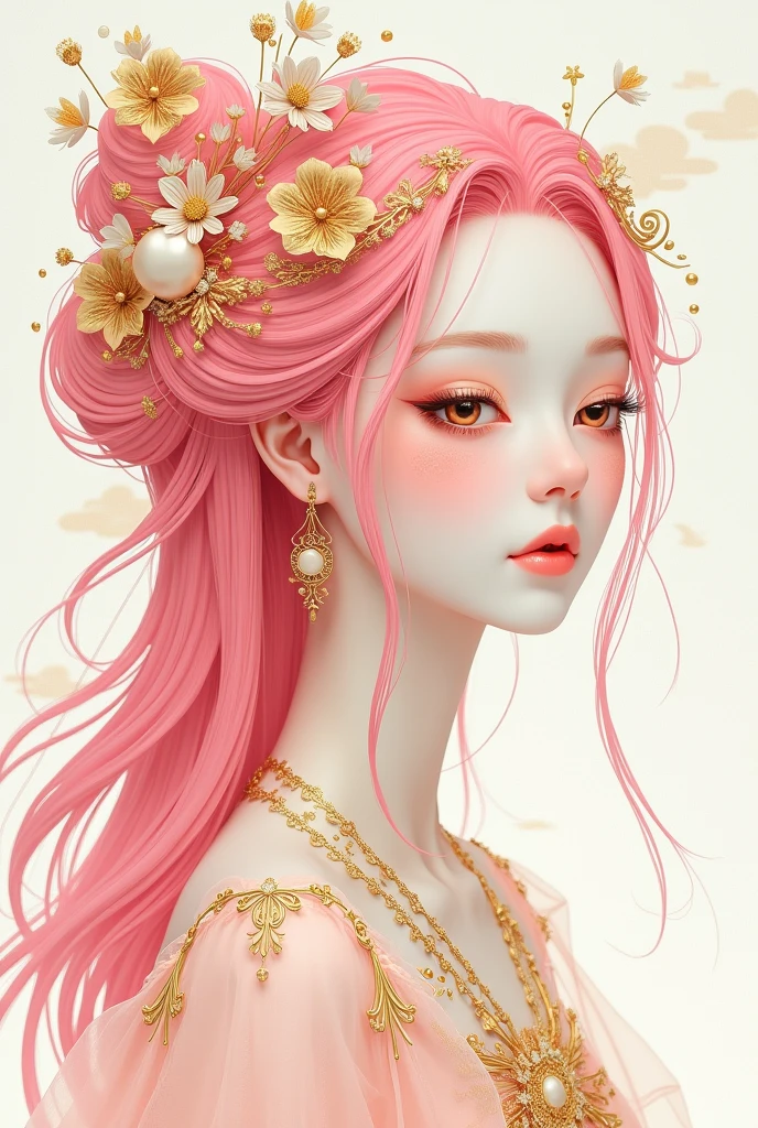 (White background:1.4),(Girl's head silhouette, Eyes closed, Long colored hair, Oriental elements),(Chinese illustration:1.3,Paper Art:1.3, キルティングPaper Art:1.2),( Streamlined Design, Clear lines, High sharpness,Better Quality, Very detailed, Master Parts, Film Light Effect, 4K ) Illustration design, porcelain doll skin, beautiful detailed eyes, beautiful detailed lips, extremely detailed gold eyes and face, long eyelashes, upper body, from side, looking at viewer, (fractal art:1.3), (pink hair:1.2), water, liquid, cloud, colorful, starry, stars, (best quality, 4k, 8k, highres, masterpiece:1.2), ultra-detailed, (realistic, photorealistic, photo-realistic:1.37), vibrant colors, studio lighting, extremely detailed description, professional, concept art, surreal, 1920s french vibe, monochromatic gold and pink palette, in the style of french illustrator moebius, gold elements,