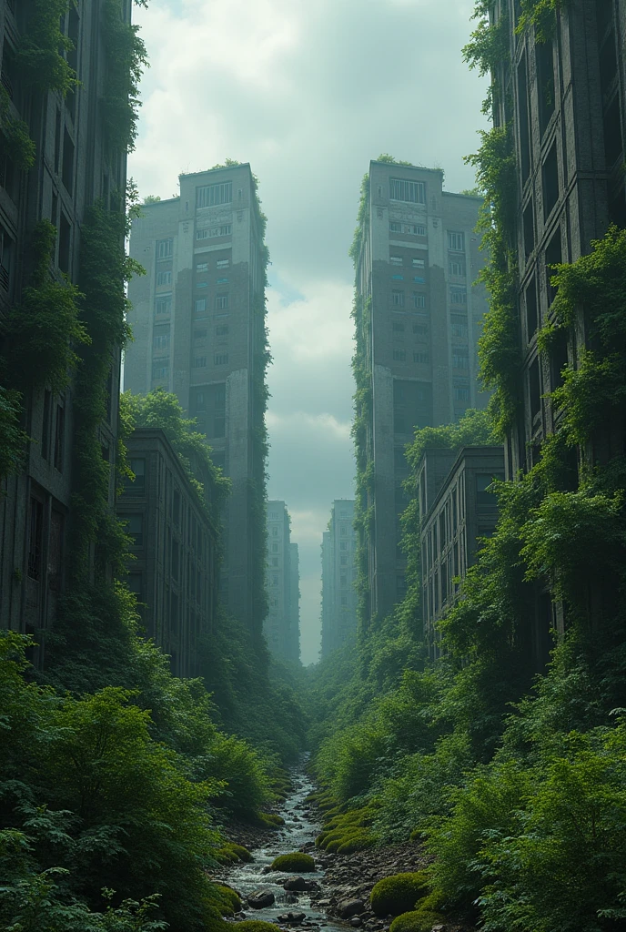 A landscape filled with the ruins of a city, with crumbling buildings and forests growing in what used to be a large city. The sky is dark and shows signs of destruction.


