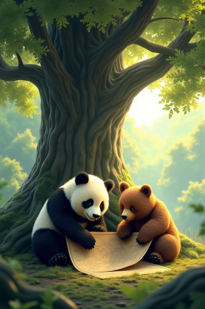 Make a picture with a panda bear and a brown bear looking at a map in the forest full of trees