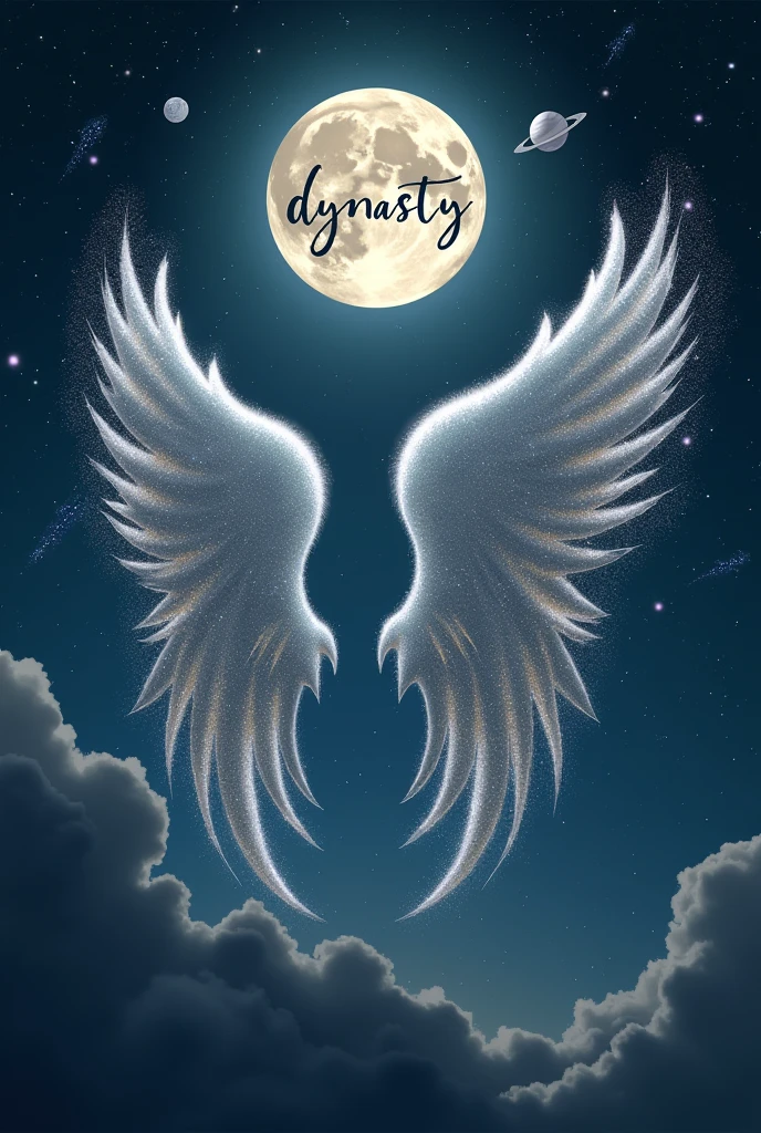 full moon plus meteorites, planets and only Angel wings made of stars, the wings separated and below add the word DYNASTY as a background above the moon