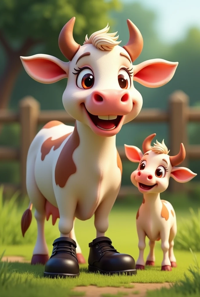 Image of an animated cow that is happy, LET HIM WEAR BLACK SCHOOL SHOES ON HIS FRONT LEGS. AND THAT THE SHOE ON THE RIGHT LEG IS A LITTLE BROKEN, and next to him is a calf