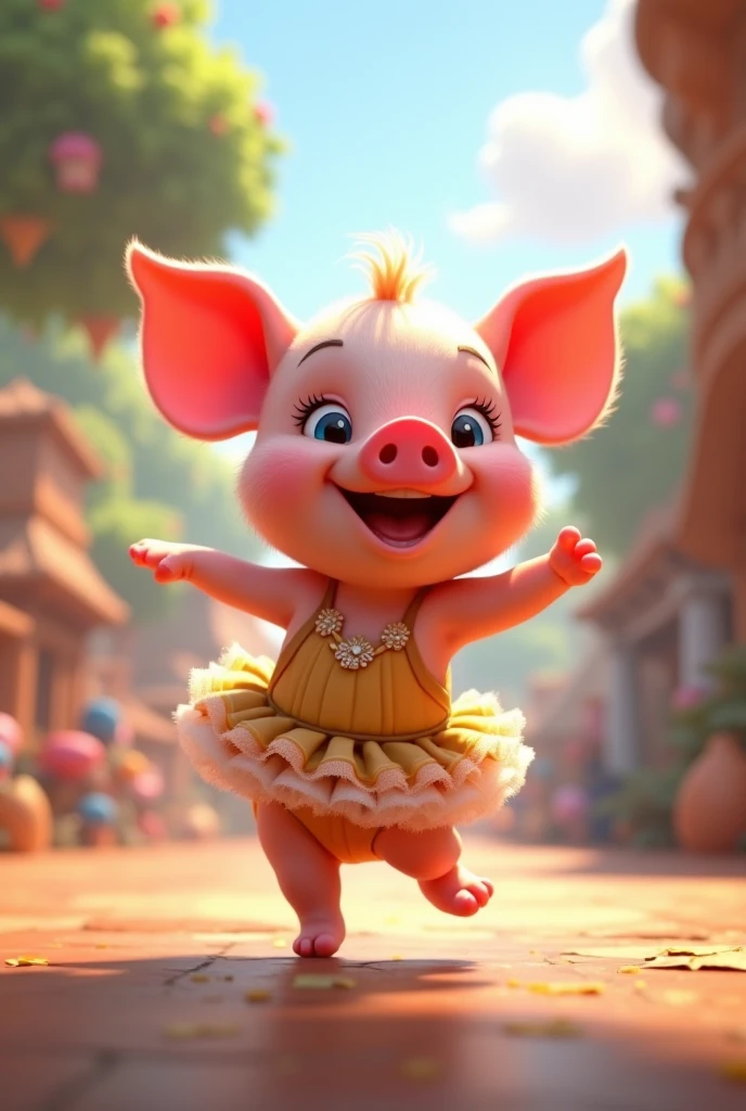 A pretty pink piglet dressed up dancing 3D Disney Pixar image 
