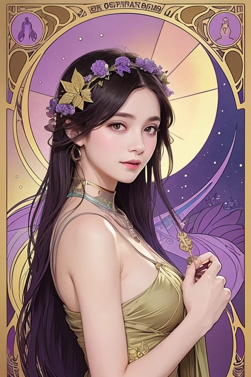 "Please create an illustration in the style of an Alphonse Mucha poster. The layout should resemble that of a tarot or oracle card. Use a calm color palette to create a mystical illustration. Incorporate elements such as the poinsettia flower, topaz gemstone, and shades of violet and purple.
The illustration should depict a confident and independent woman, reflecting the qualities of someone born on November 27th. She should embody a strong, adventurous spirit, with an aura of freedom and optimism. The woman should be dressed in a modern, stylish outfit that reflects her independent nature. You may include accessories like a book or travel bag to symbolize her thirst for knowledge and love for exploration. Her expression should be thoughtful yet determined, with a slight smile that hints at her positive outlook on life. The background should be minimalistic, with abstract lines or shapes that evoke a sense of motion or journey. The colors should be bold, incorporating her lucky colors such as purple and violet."