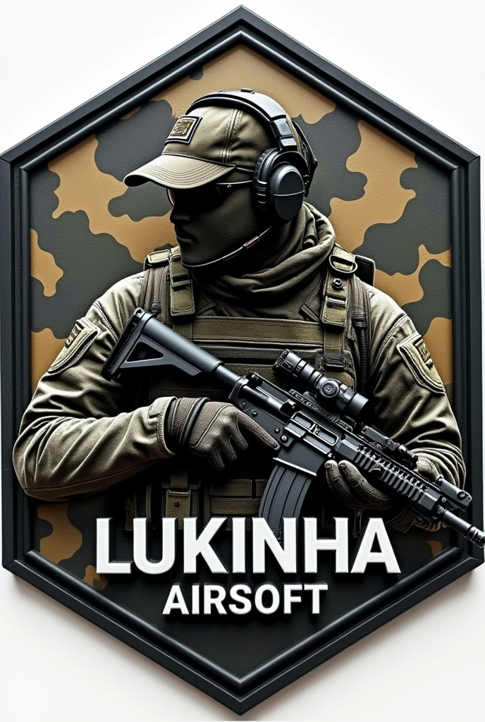 Create Hexagonal Rubberized Patch Cliché, camouflage coat of arms background,military coat of arms with the name Lukinha Airsoft, operator carrying an m4 rifle wearing a cap and headphones