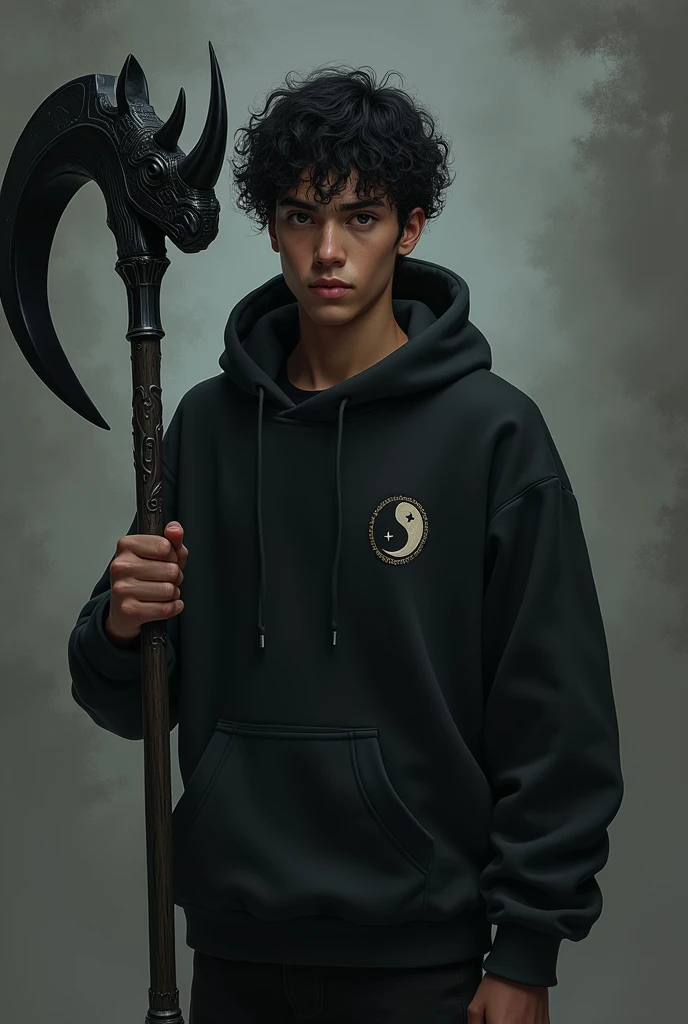 An 18 year old with black curly hair, with very black eyes and native Brazilian and his skin is white, wearing a black sweatshirt with a waning moon symbol on his right chest, with a large sickle where the blade part is the head of a rhinoceros and the blade is its horn and its soul in a black tone at its side