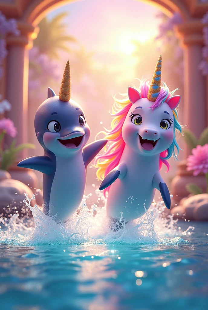smiling dolphin and smiling colorful unicorn jumping out of water colorful rainbow sparkling bright world and many sparkles golden pink happy colorful world realistic paradise