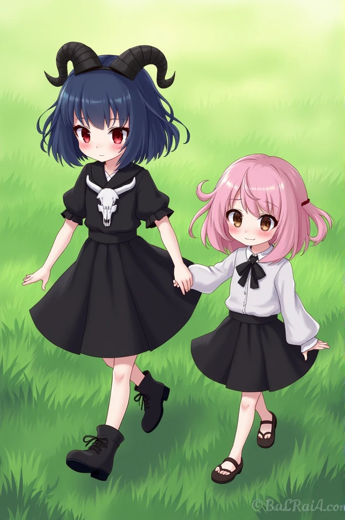 create two female characters, two sisters, Whole body, One with short hair and the tips of her hair raised in dark blue and a black skirt and blouse, her blouse that has a goat skull, Draw the youngest with slightly fluffy, wavy, pastel pink hair., pole sort and a shirt, the one with blue hair give her red eyes and the one with pink hair give her black eyes, Put eyeliner and eyelashes on both of them, blushing, holding hands walking forward through the grass, Make the one smile