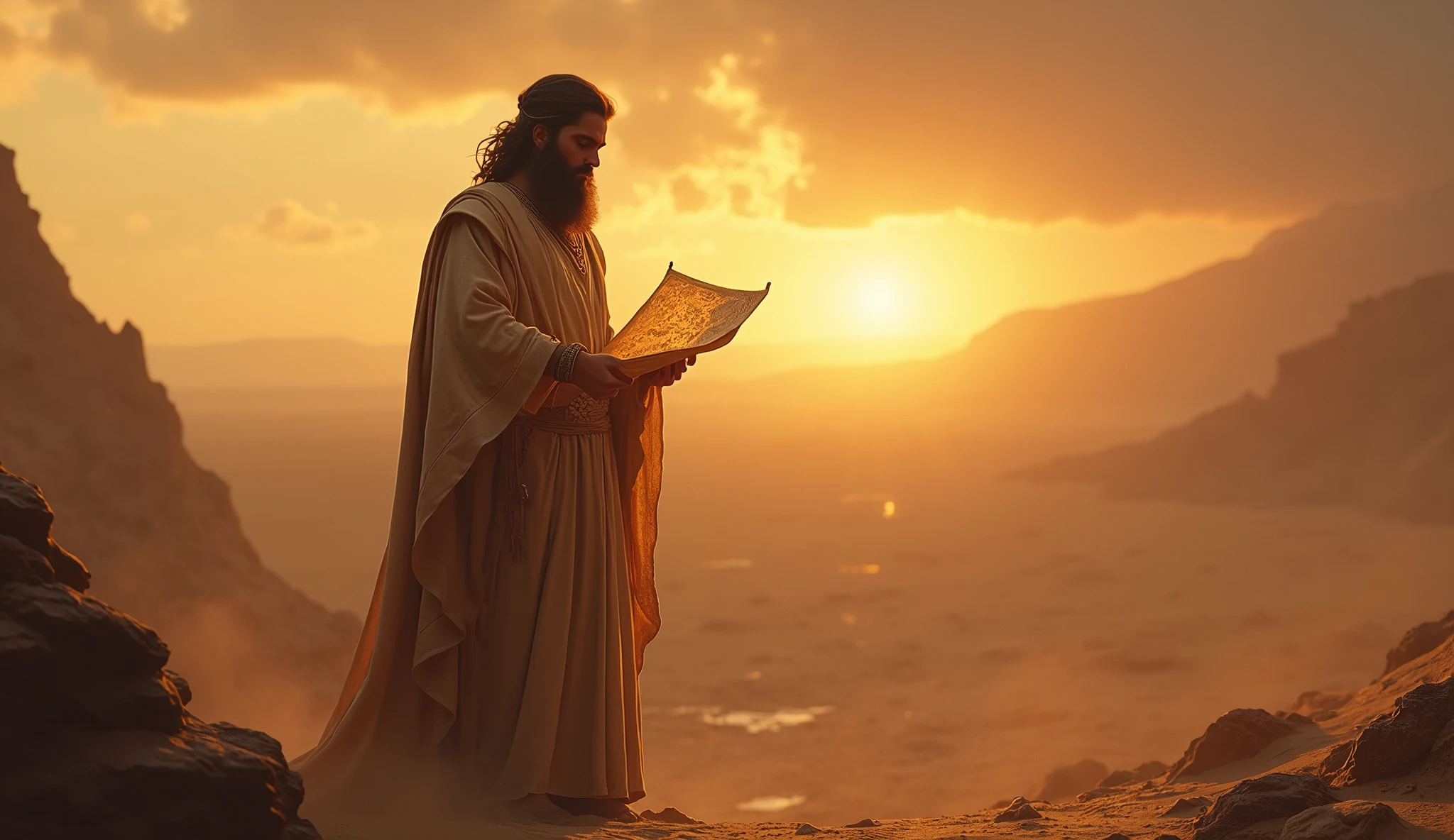 "Crie uma imagem hiper-realista e misteriosa de Solomon em um vasto deserto, holding a detailed ancient map that glows softly in the golden light of dawn. Ao redor dele, the desert seems endless and desolate, but the map in your hands reveals a clear path towards a distant city on the horizon, symbolizing prosperity and financial security. Solomon, with an expression of confidence and determination, is about to follow the path traced on the map. The scene should convey the idea that, with a well-structured plan, even the most arduous challenges can be successfully overcome.