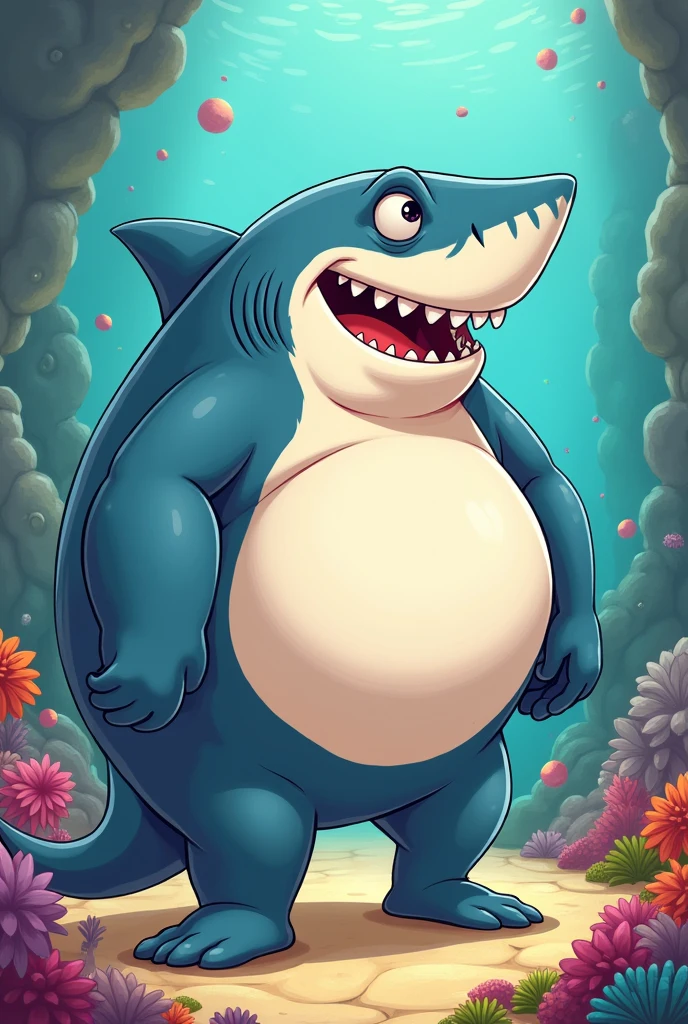 A cartoon character of an anthro shark with a big belly and a big penis mr shark, plump, fat, belly,