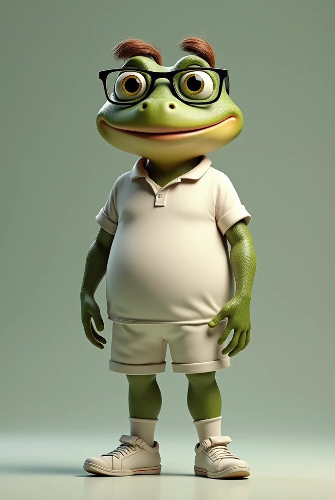 Create image of a man with a frog face, but maintaining the characteristics of a human, wearing rectangular glasses, short hair combed to the side, hair color should be brown, with smile, tennis player with a slightly chubby frame