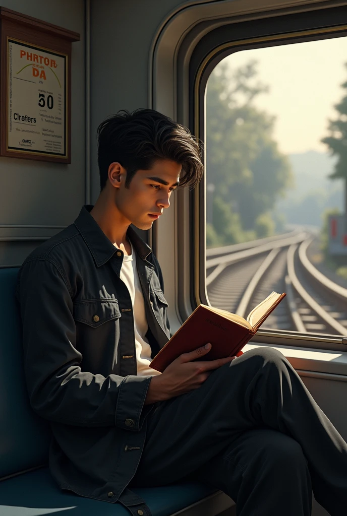 Young COLOMBIAN man 1 and Colombian characteristics, because he is Colombian and he is sitting alone on a train reading a book, where he and the destination indicator stand out, where the vanishing point is evident