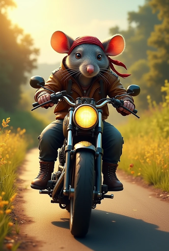 A rat wearing a bandana wearing a leather top riding a custom motorcycle on a road with a landscape of green grass and sunshine