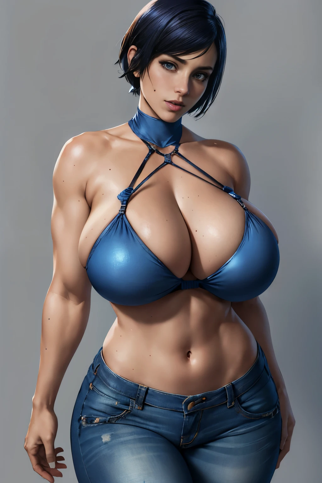 Cowboy shot of jill valentine, Shibari_Slave,short hair, blue_top, huge breasts, detailed cleavage, midriff, jeans_pant,slim waist, thick thighs, large hips, resident evil, zombie apocalypse background