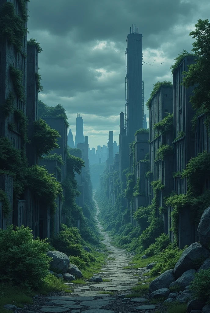 A landscape filled with the ruins of a city, with crumbling buildings and forests growing in what used to be a large city. The sky is dark and shows signs of destruction Anime 

