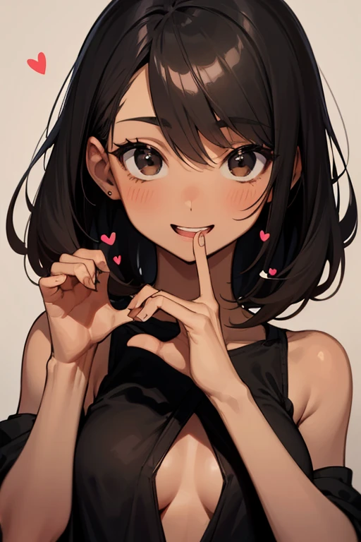 light brown-skinned woman, black hair, black eyes with dark circles, Skinny body, with loose clothing and a happy expression forming a heart with her hands