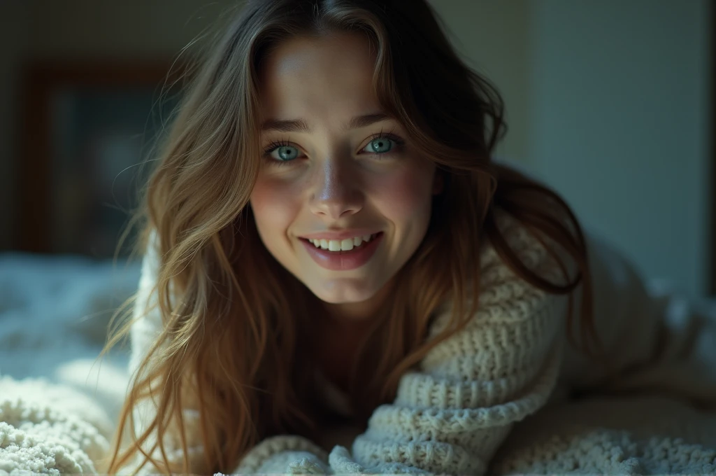 fot, taken from a distance that shows the entire body, She is very young, in house, in his bedroom, Normal sleepwear, sad for a lost love, long brown hair, a wry smile softened - tears in the eyes, contained excitement, Soft lighting on your face, realistic skin-clothes-hair textures, sky blue eyes carpeted mist, beautiful real textures and delicate aesthetics, full body view, notable for natural feminine beauty, noise, 8 k quality, FOTO RAW, by professional photographer, rule of thirds, Extremely Detailed