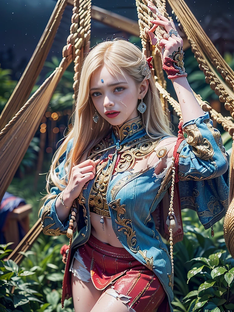 (((masterpiece, best quality))), (((high quality))), (((high resolution illustration))), (((hyper detail))),(((NSFW))), (((Wordsworth's Sharon))),(((Very beautiful long blonde hair))), (((Very beautiful face))), ((((Detailed face)))),(((very beautiful blue eyes))),(((Realistic Skin))),(((her face is flushed))),(((slim body))),(((slim thighs))),(((small breasts))),(((very beautiful slender legs))),(((gold and ocean blue and red and black and white armor with extremely detailed and intricate decoration))),(((red and white skirt with extremely detailed and intricate decoration))),(((boots with extremely detailed and intricate decoration))),(((cloak with very detailed and intricate decoration,))),,(((beautiful earrings))),(((beautiful hair ornaments))),(((in the old dark deep forest with no light))),(((wet her skin))),((Sharon is crying with tears streaming down her face:1.3))),(((late at night:1.7))),(((highest quality:1.6))), (((A high resolution:1.5))), (((Realistic:1.75))), ((8K resolution)), ((Canon EOS R5)), ((50mm)),((Absurd)),((Ultra-detailed,Cinema Lighting)),(((torn clothes:1.5))),(((tied up with rope:1.2))),(((hanging:2.5))),