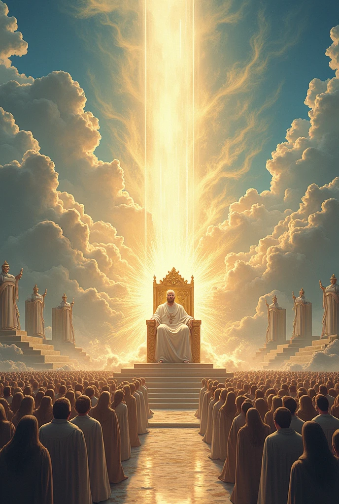 A drawing of the sky with the characteristics of a throne, a crowd, a king, a sea of glass, the light is God, mansions