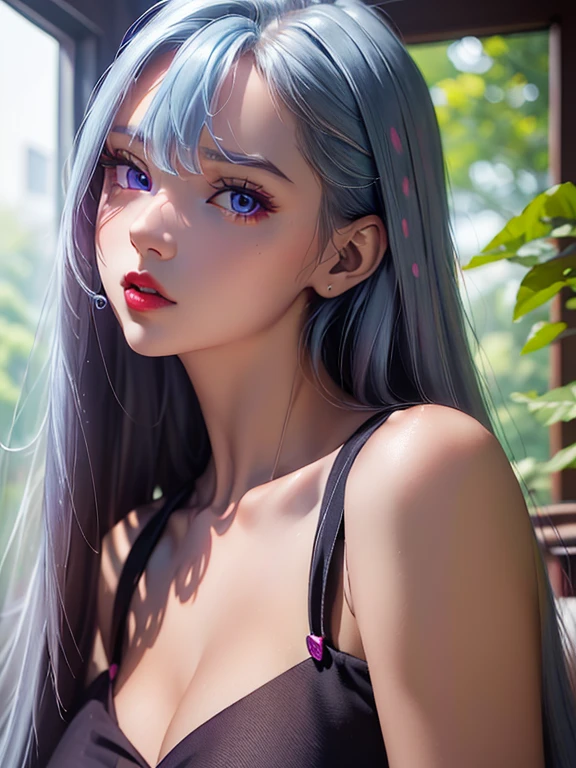 (Best quality at best,8K,A high resolution,tmasterpiece:1.2),Digital artwork, one girl,detailed face,detailed eyes,light blue hair,long straight hair,glowing purple eyes,red lip,Suspenders