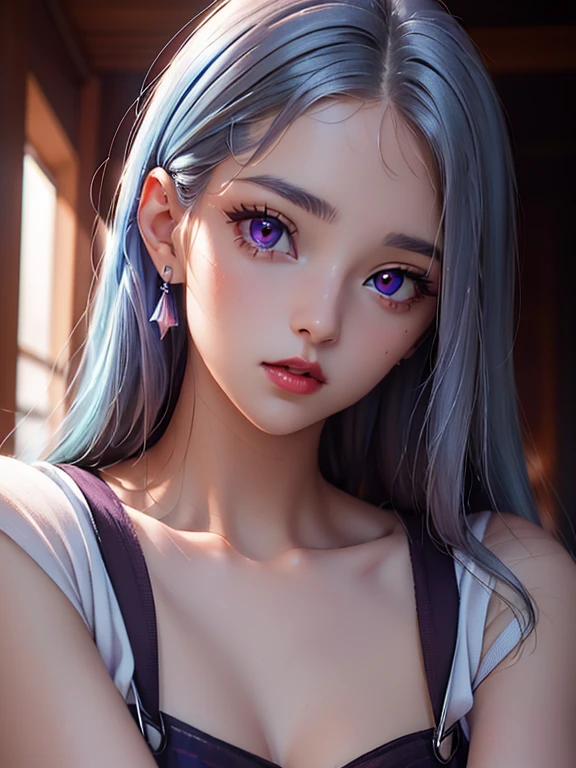 (Best quality at best,8K,A high resolution,tmasterpiece:1.2),Digital artwork, one girl,detailed face,detailed eyes,light blue hair,long straight hair,glowing purple eyes,red lip,Suspenders