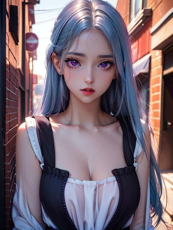 (Best quality at best,8K,A high resolution,tmasterpiece:1.2),Digital artwork, one girl,detailed face,detailed eyes,light blue hair,long straight hair,glowing purple eyes,red lip,Suspenders