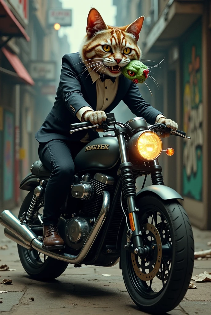 A cat on a motorcycle eating a goblin head 