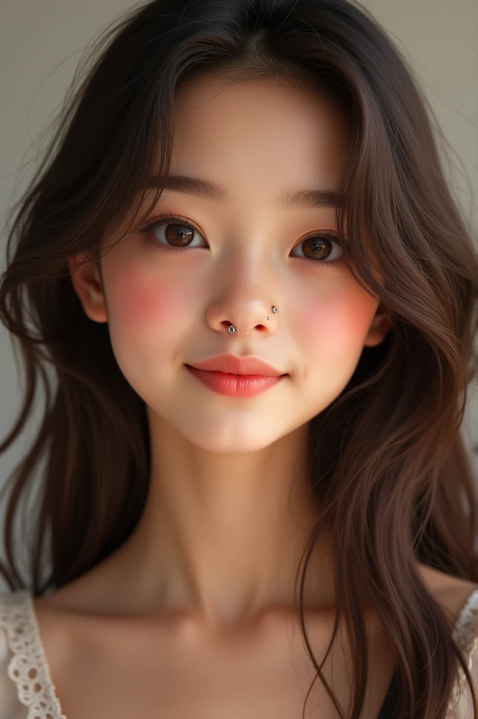 A girl of about  who was brunette with slightly wavy hair, brown eyes with long eyelashes, a beautiful smile with some slightly marked dimples and a ring on her lip 