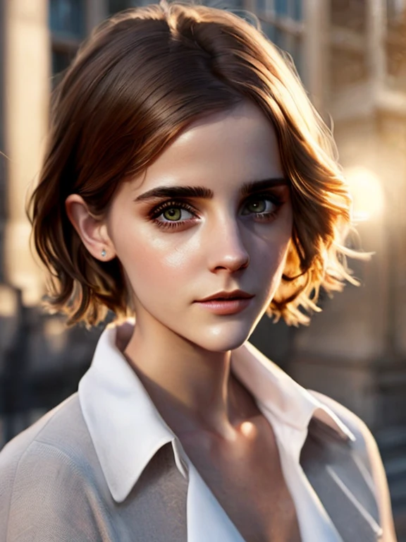 (work of art, best qualityer:1.3),face of Emma Watson beautiful woman with short hair, urban landscape, morning, quiet and peaceful with soft morning light, play of sunbeams and shadows, fancy, intrikate, chic, trends on ArtStation, conceptual artwork, softfocus, cinematic lighting, extremely detaild, insanely detaileda, rich colors, cinematic, beautiful detailed eyes and perfect face, Depth of field, bokeh, 16k best qualityer