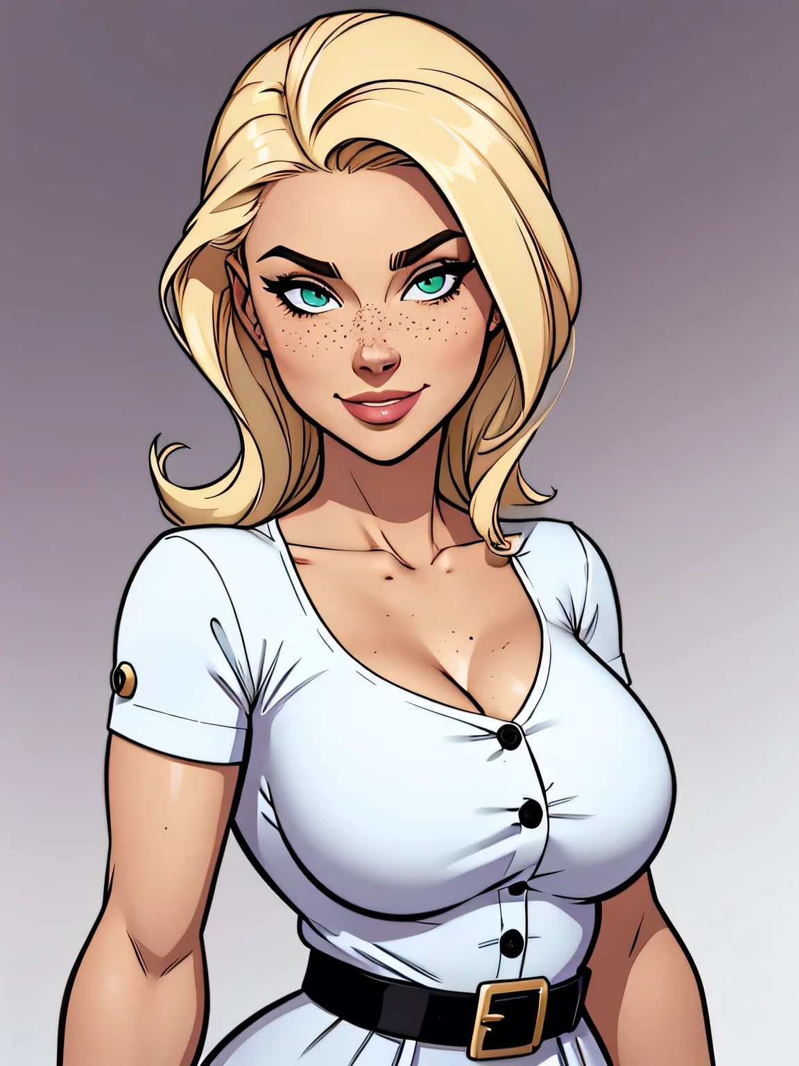 Thin woman, age 25, 4K (High definition), mysterious smile, seducing gaze, greeneyes, wearing a white dress with a boat neck (with buttons) and short sleeves, with black belt, arms positioned at the side of the body, Caucasian skin, straight blonde hair up to the shoulders, upper body, full of curves with freckles on her chest and neck, round breasts. High-quality Marvel style, white background.