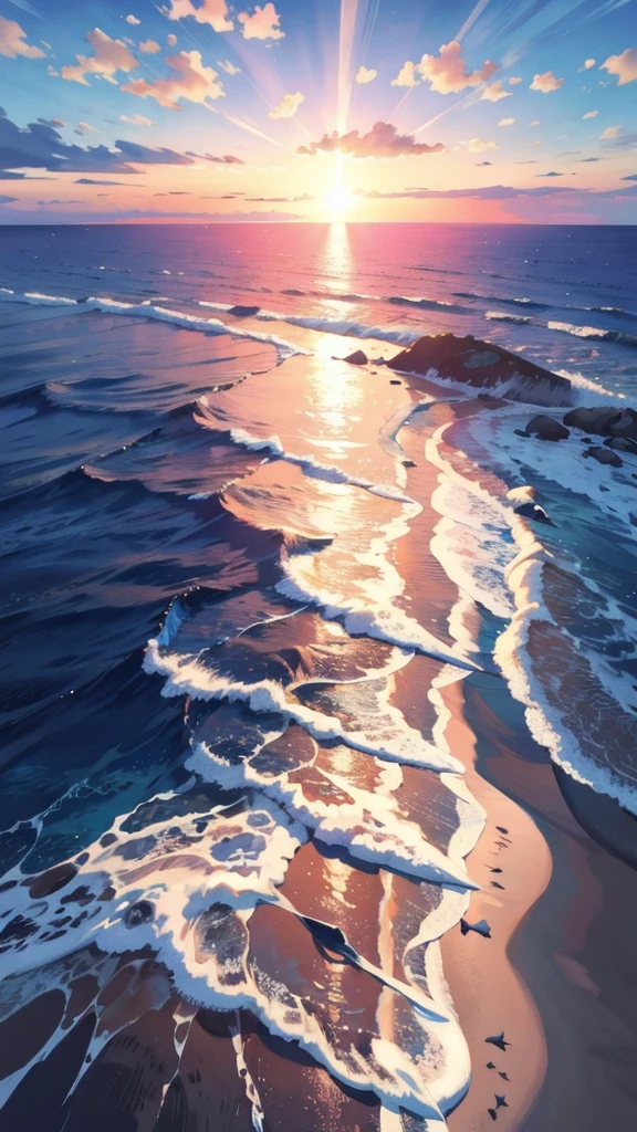 ocean, high resolution, High definition, high quality, landscape, realistic, masterpiece, dawn, dark blue sky, orange sunlight reflecting on the ocean, sun coming out from the horizon, drone shot