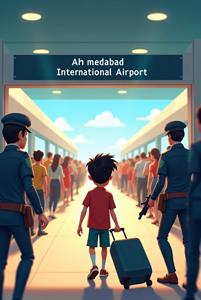Animated boy is heading towards entrance of airport with luggage bag and their is secuirty with gun and he is checking doʻcument of peole. Queue is filled with few people. Airport there is big name ' Ahmedabad International Airport '. Pov behind the boy.