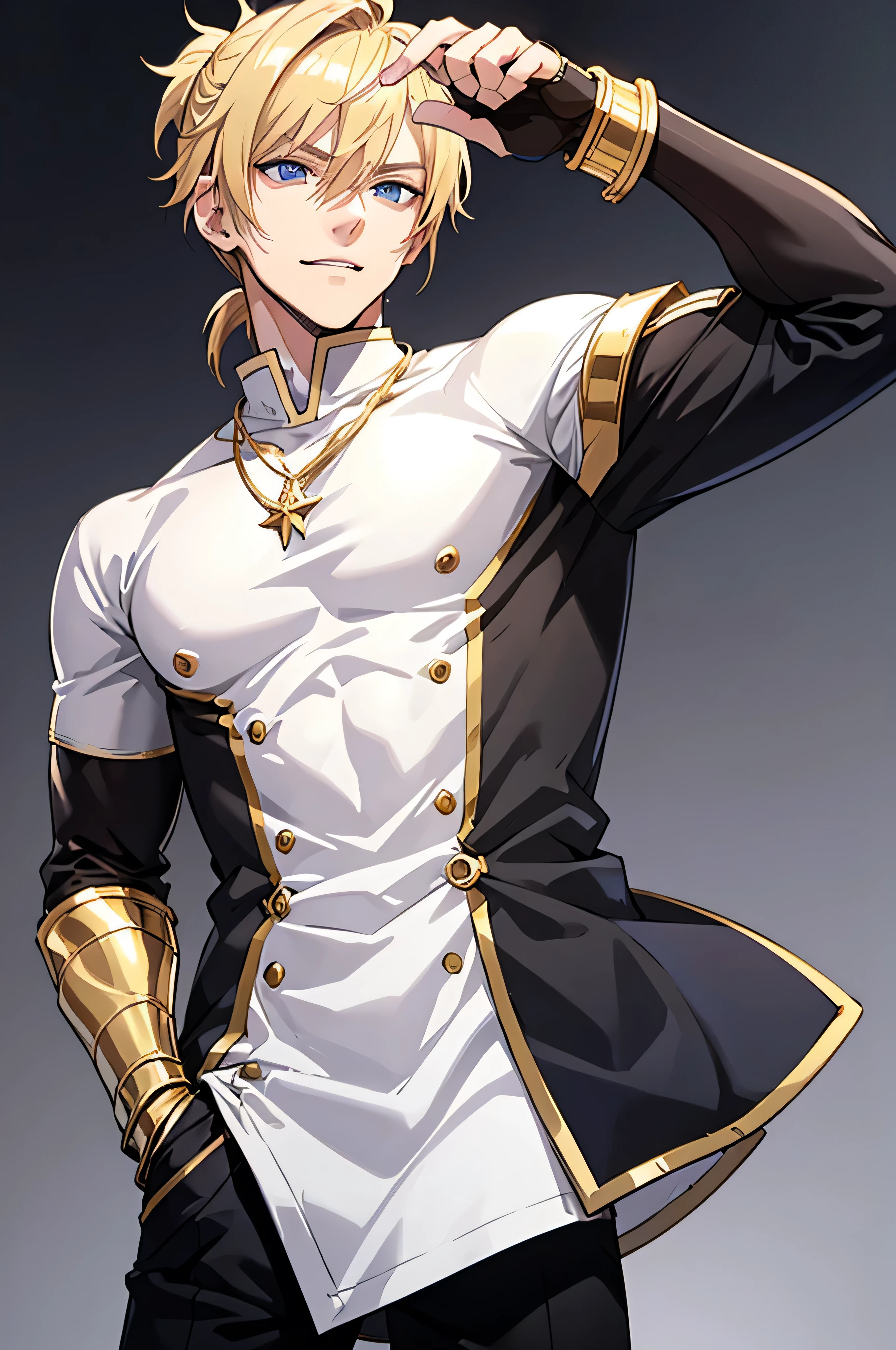 Anime attractive man, 20 year old, blonde hair, very very short ponytail, tall, muscular, white casual t-shirt, gold lining, solo, one person, knight, black gloves, golden arm bracers, high resolution, high quality, masterpiece, masculine face, gold necklaces, smirk.