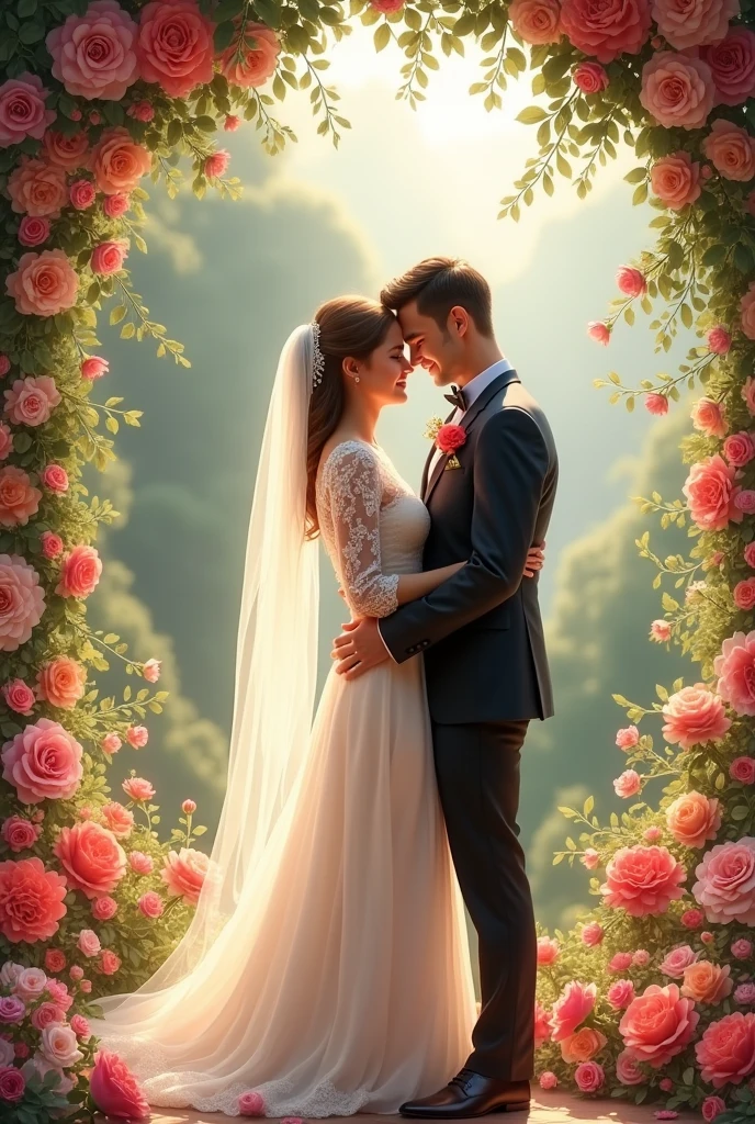 wedding couple, lot of flowers