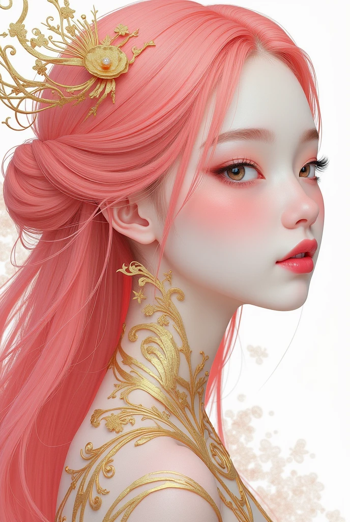 (White background:1.4),(Girl's head silhouette, Eyes closed, Long colored hair, Oriental elements),(Chinese illustration:1.3,Paper Art:1.3, キルティングPaper Art:1.2),( Streamlined Design, Clear lines, High sharpness,Better Quality, Very detailed, Master Parts, Film Light Effect, 4K ) Illustration design, porcelain doll skin, beautiful detailed eyes, beautiful detailed lips, extremely detailed gold eyes and face, long eyelashes, upper body, from side, looking at viewer, (fractal art:1.3), (pink hair:1.2), water, liquid, cloud, colorful, starry, stars, (best quality, 4k, 8k, highres, masterpiece:1.2), ultra-detailed, (realistic, photorealistic, photo-realistic:1.37), vibrant colors, studio lighting, extremely detailed description, professional, concept art, surreal, 1920s french vibe, monochromatic gold and pink palette, in the style of french illustrator moebius, gold elements,