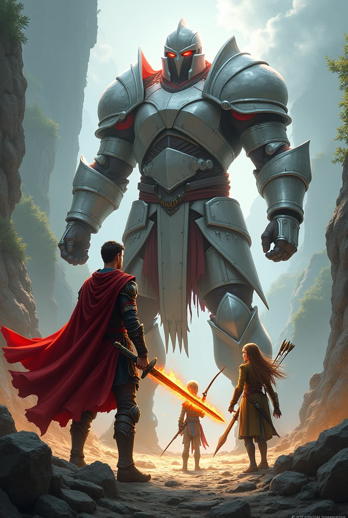 (in a medieval world.
an 18 year old young man ,standing 6 feet tall, weighing 80 ,with very short hair(almost bald).
Wearing a red outfit and a flaming sword.
A 12 year old male elf boy,Blonde hair and green eyes ,wearing a white and green outfit and a bow and arrow.
An elf girl of female gender, brown hair and green eyes, wearing a blue and gold outfit and a spear.
The 3 characters above , are fighting a 10 meter tall giant ,wearing white and red armor and a war hammer