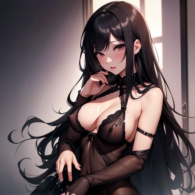 Long Black Hair,lingerie,See-through clothes,Nipples,excessive cum,cum overflow,projectile cum,One man,Pussy,cum on body / bukkake,vaginale,sex,pennis,