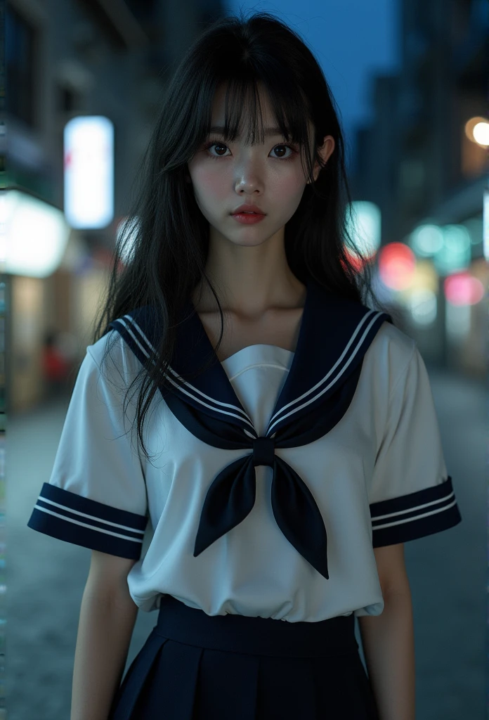 ((Japanese 18 year old female、long neck))、(8k、top quality、masterpiece:1.2)、(realistic、realistic:1.37)、very detailed、top quality、Super high resolution、Professionally lit、photon mapping、radio city、Physically Based Rendering、movie lights、depth of field,Concentrate upon,1 person,(full body esbian),(Shut up),beautiful eyes,pose,constriction,(Ulzzang-6500:1.2) mix 4, hiqcgbody (sailor uniform,Black high socks)、night road:1.2、very detailed 얼굴 및 피부 질감、eye for detail、double eyelid、narrow-eyed、