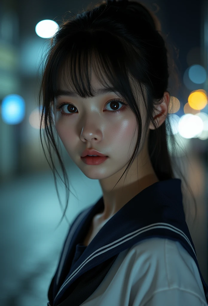 ((Japanese 18 year old female、long neck))、(8k、top quality、masterpiece:1.2)、(realistic、realistic:1.37)、very detailed、top quality、Super high resolution、Professionally lit、photon mapping、radio city、Physically Based Rendering、movie lights、depth of field,Concentrate upon,1 person,(full body esbian),(Shut up),beautiful eyes,pose,constriction,(Ulzzang-6500:1.2) mix 4, hiqcgbody (sailor uniform,Black high socks)、night road:1.2、very detailed 얼굴 및 피부 질감、eye for detail、double eyelid、narrow-eyed、