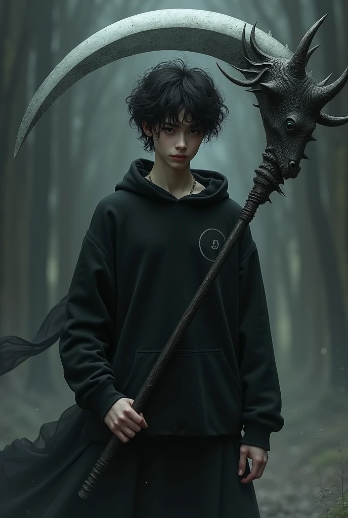 An 18 year old with black curly hair, with very black eyes and native Brazilian and his skin is white, wearing a black sweatshirt with a waning moon symbol on his right chest, with a large scythe where the blade part is the head of a rhinoceros and the horn being the blade and a black tone spectrum at its side