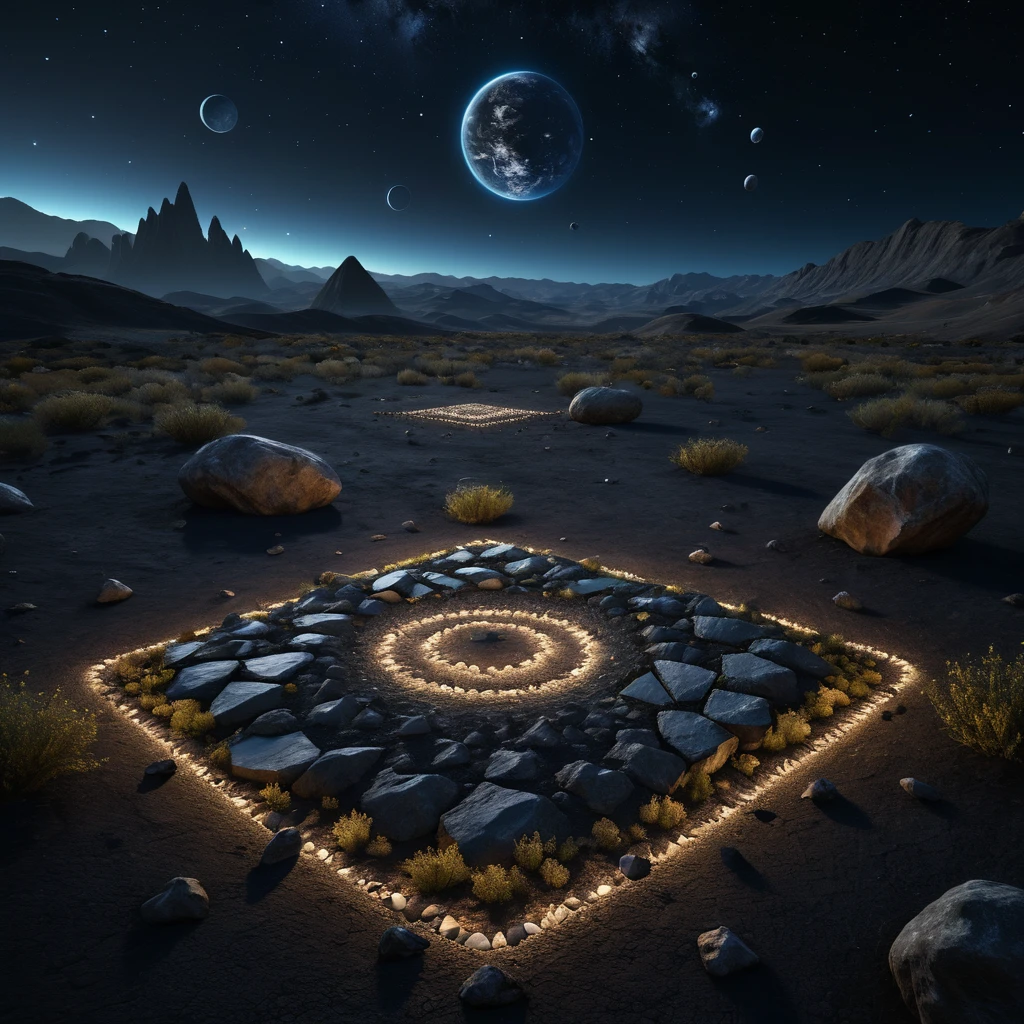 A shot of an otherworldly landscape filled with geometrical hills and rocks scattered around. The ground is filled with rocks and weird low flora. Floating geometrical 3D shapes levitating above ground ground all over. The word "500" made of mineral and is on the center of the scene emerging from the ground. It's night time and the sky is pitch black full of stars and planets very visible. Realistic, hyperrealism, high resolution, extreme details, extreme quality, volumetric lighting, sharp details, 4k hdr