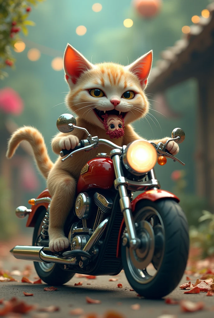 A cat on a motorcycle eating an adorable elf head