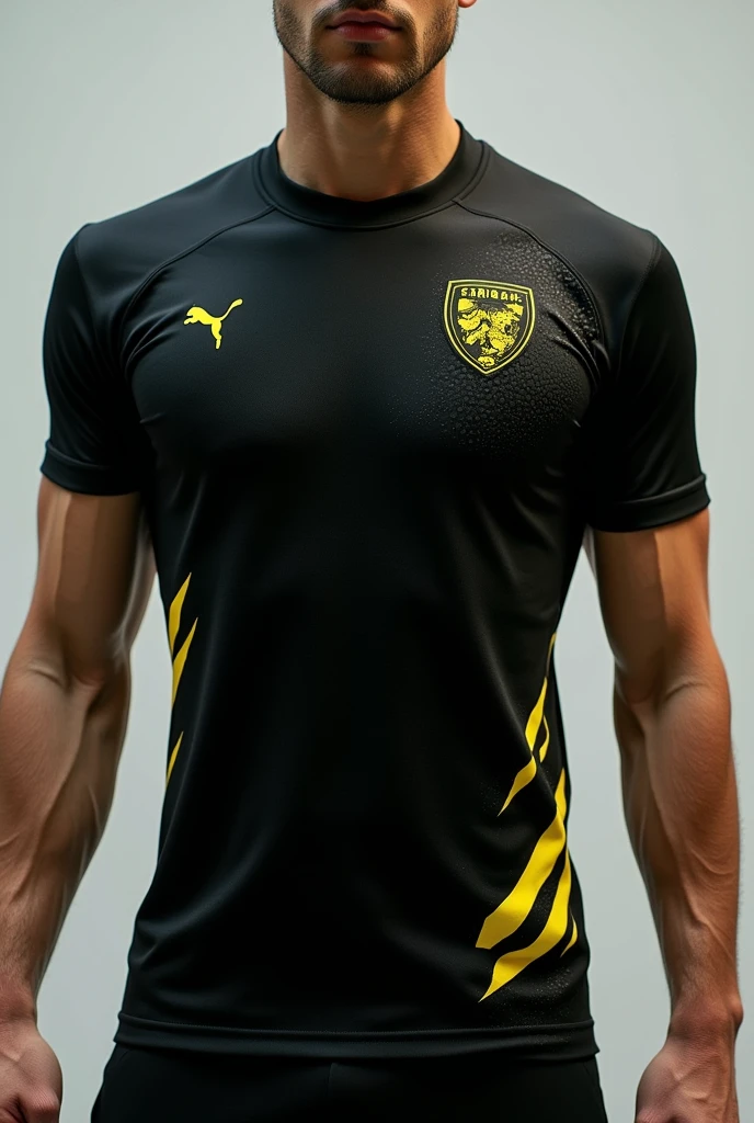 A sports uniform shirt with a predominant black color and a few yellow details, nothing flashy a little more yellow, as if it were very light rays with some little lines as if it were to demonstrate speed in a more homogeneous way