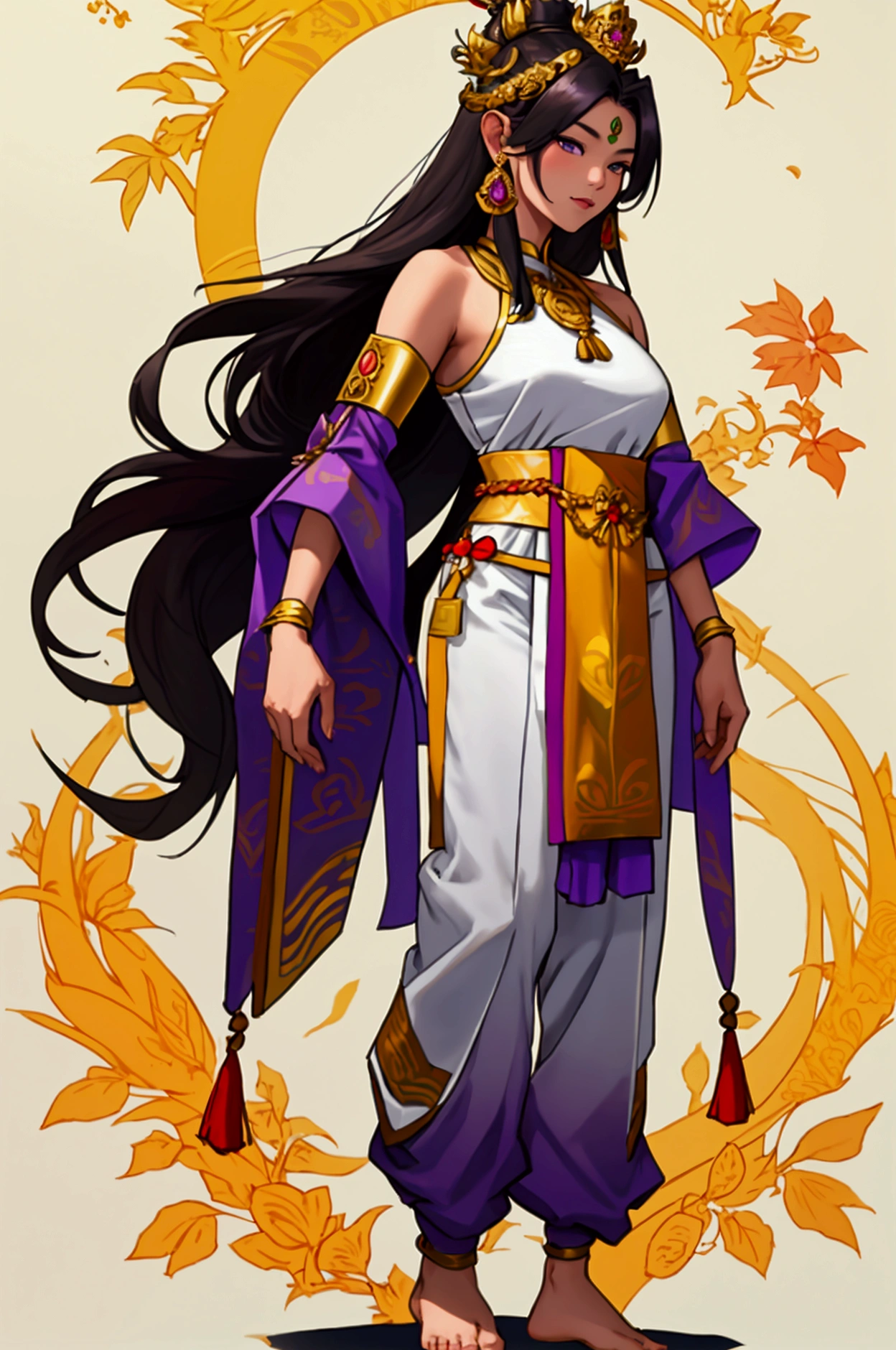 Thai female characters,long hair,Wear Thai clothes,Wear a Thai tube top,,Thai person,Barefoot standing neatly,Thai Shivalai costume with purple chest shield,Put on the leaves,Wearing a golden crown,Thai patterned chong kraben pants