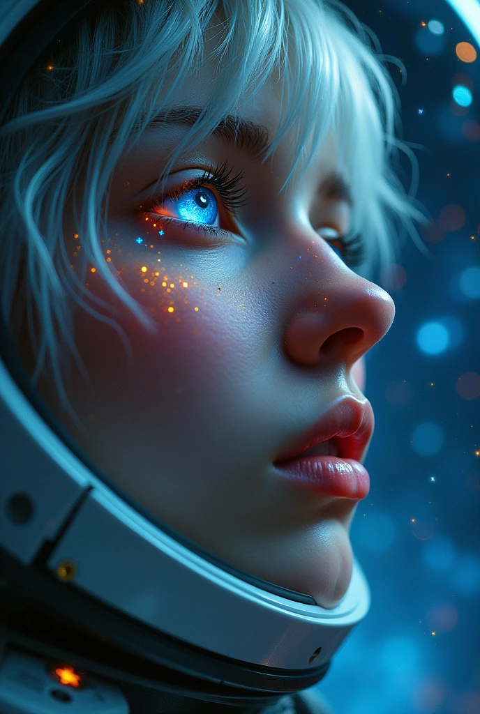 (Close-up of a better masterpiece:1.5)0.9], (Space and astronauts:1.2) (Messy silver hair:1.1) (Heterochromia xanthochromia and blue eyes:1.2) (Space Helmet:1.0) (Colored stars in the eyes:1.0) (A radiant glow:1.1) (thick lips:0.9)
