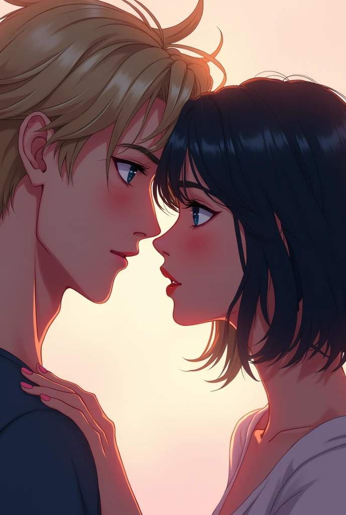 I created a cover where my protagonists are looking into each other's eyes and the sexual tension is noticeable., desire and love in his gaze A blond man, messy hair, tall and piercing blue eyes. Sharp, masculine features, let the Adam's apple be seen.
A short woman, shoulder length hair, black and semi wavy, fine and elegant features, She has dark eyes.
Give the image a pastel-colored background