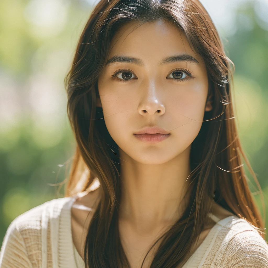 A hyper-realistic image of a single Japanese woman in her early 20s, captured with the nostalgic warmth and subtle graininess of a film camera. Her skin has a warm beige tone with a natural, slightly rough texture that includes visible pores, fine lines, and subtle imperfections such as small blemishes, adding to the authenticity of her appearance. The soft, diffused natural light enhances the film-like quality, casting gentle shadows that create a timeless, organic feel. Her straight, glossy black hair frames her face in a natural, slightly tousled manner, and her deep brown eyes reflect the ambient light, adding depth and emotion. The film camera effect introduces a slight grain and a softer focus, giving the image a warm, nostalgic atmosphere while maintaining the realistic texture of her skin. She is dressed simply, in a way that complements her natural beauty, with the overall composition designed to evoke a sense of genuine, understated elegance. The use of natural light, combined with the deliberately rougher texture of her skin and the film-like qualities, ensures that this image captures the imperfections that make her beauty truly lifelike, focusing solely on this one individual.