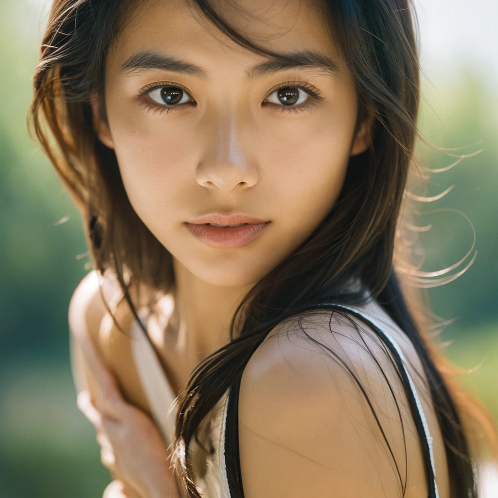 A hyper-realistic image of a single Japanese woman in her early 20s, captured with the nostalgic warmth and subtle graininess of a film camera. Her skin has a warm beige tone with a natural, slightly rough texture that includes visible pores, fine lines, and subtle imperfections such as small blemishes, adding to the authenticity of her appearance. The soft, diffused natural light enhances the film-like quality, casting gentle shadows that create a timeless, organic feel. Her straight, glossy black hair frames her face in a natural, slightly tousled manner, and her deep brown eyes reflect the ambient light, adding depth and emotion. The film camera effect introduces a slight grain and a softer focus, giving the image a warm, nostalgic atmosphere while maintaining the realistic texture of her skin. She is dressed simply, in a way that complements her natural beauty, with the overall composition designed to evoke a sense of genuine, understated elegance. The use of natural light, combined with the deliberately rougher texture of her skin and the film-like qualities, ensures that this image captures the imperfections that make her beauty truly lifelike, focusing solely on this one individual.