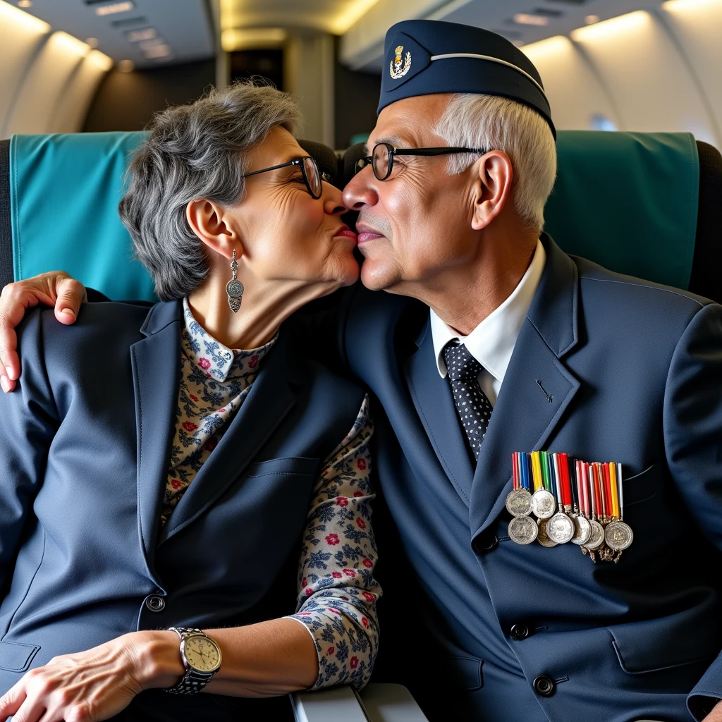 Two indian eldery flight attendents showing their love kissing in tongues out
